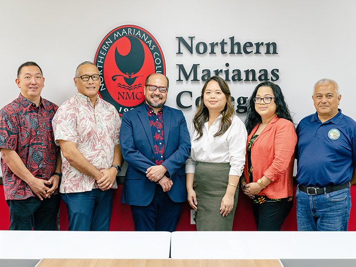 From left to right, Northern Marianas College regent Jesse M. Tudela, Board of Regents chair Charles V. Cepeda, NMC president Dr. Galvin Deleon Guerrero, regent Michelle L. Sablan, regent Zenie P. Mafnas, and NMC Foundation board chair Vicente Babauta after the press conference announcing Deleon Guerrero’s four-year contract renewal as NMC president yesterday morning at the Board of Regents conference room at the NMC campus.